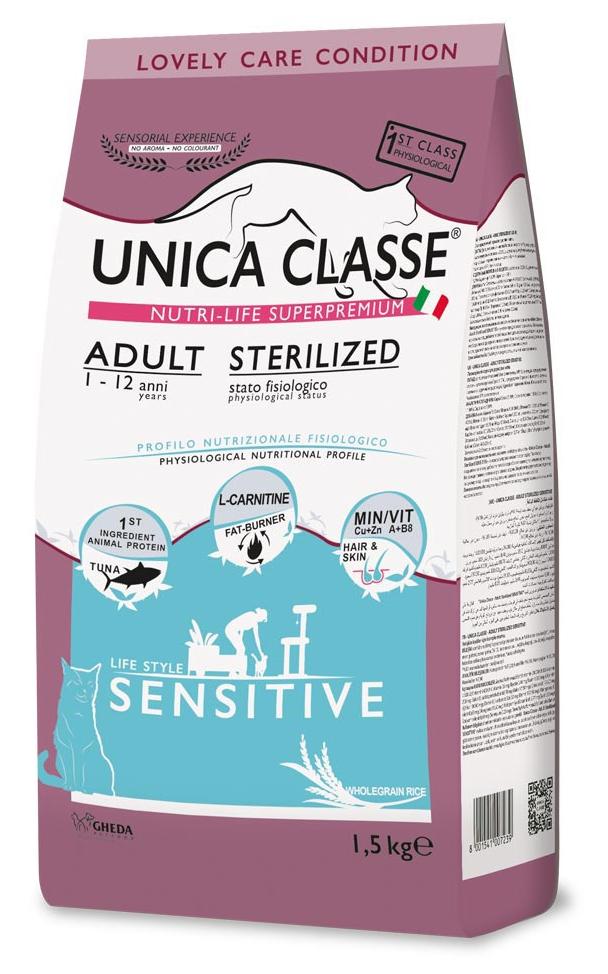 Сухой корм для стерилизованных кошек с чувствительной кожей Unica Classe Adult Sterilized Sensitive (Тунец)